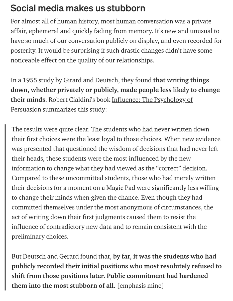 I've had psych & social media researchers tell me my piece on 'How social media divides us' includes some psych studies they've never seen referenced before in context of social media effects, including this 1955 Gerard and Deutsch one. My piece:  https://apokerplayer.medium.com/how-social-media-divides-us-c8070e0847d4