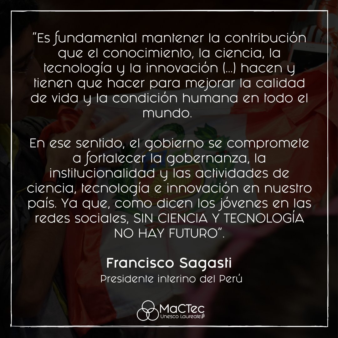 mactecperu's tweet photo. Mactec saluda el compromiso del presidente interino del Perú, Francisco Sagasti. Como organización científica no dejaremos de exigir y vigilar que se cumplan los compromisos del gobierno por el bien de nuestro futuro y por las consecuencias de la corrupción en todos los peruanos. https://t.co/UrnHrp85A6