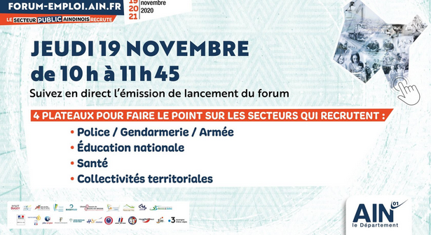 Departement_AIN's tweet photo. [LIVE] #Emploi Quels sont les secteurs qui recrutent dans l'#Ain ? RV jeudi 19 novembre sur la chaine YouTube du Département ✅Suivez l'émission de lancement du Forum de l'emploi public aindinois https://t.co/SK1GDlqWER https://t.co/mBDI9ule9K