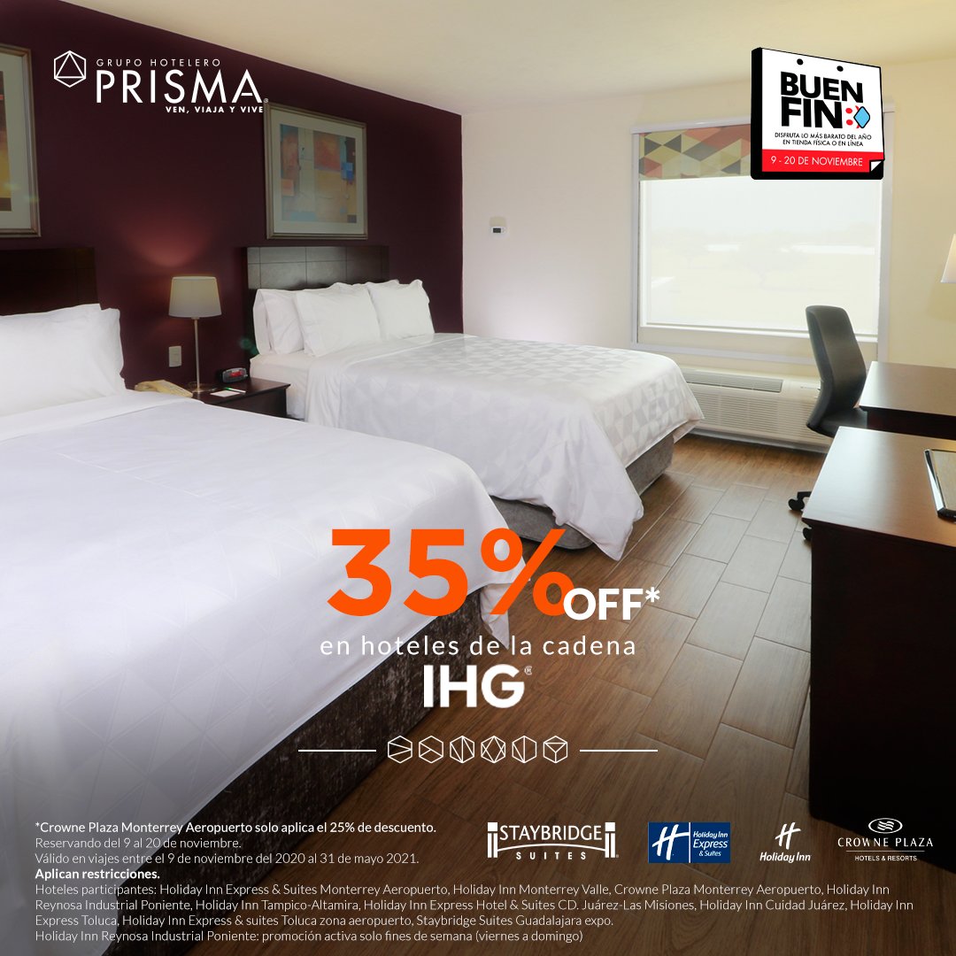 GHPrisma's tweet photo. 🚨¡Seguimos con los súper descuentos por El Buen Fin! 🚨

Separa del 9 al 20 de noviembre y obtén un 35% de descuento en los hoteles participantes de IHG.

¡Quedan pocos días! ⏳

#GHPrisma #JuntosSomosMasFuertes #VenViveViaja #staysafe #adventureawaits #letstravel #ElBuenFin https://t.co/phxbIGtSjf
