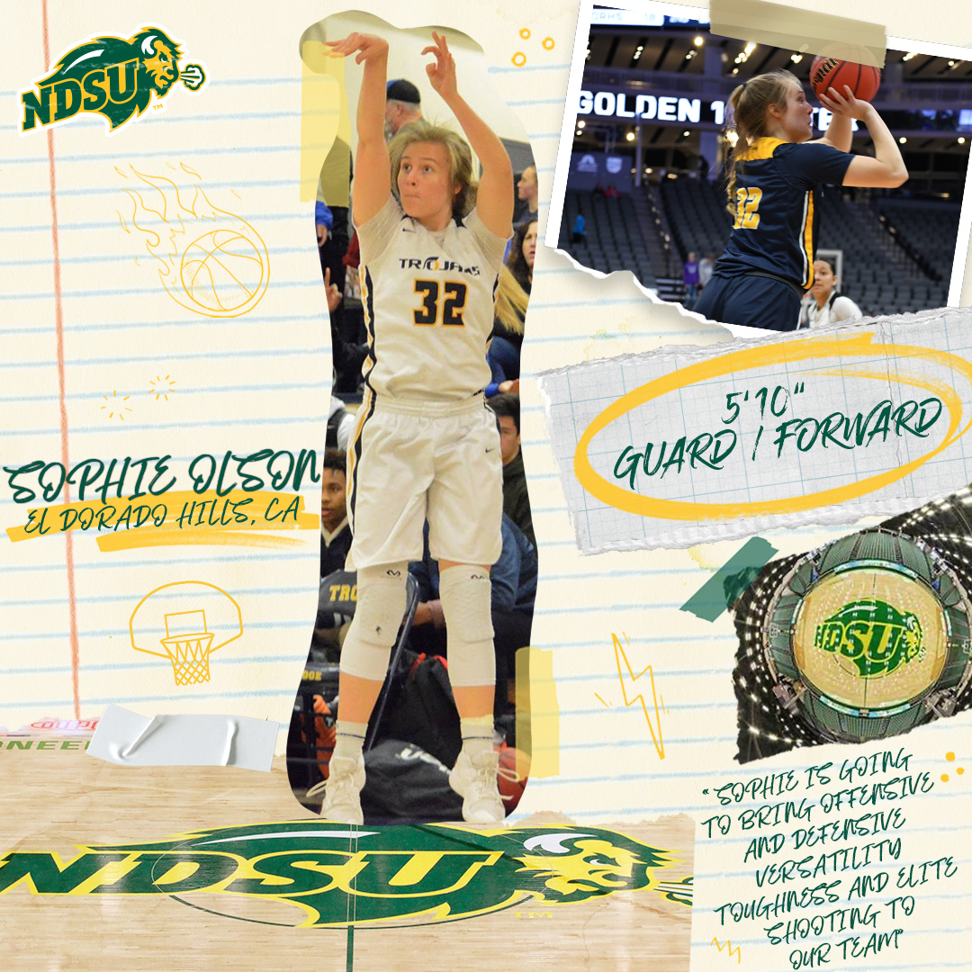 NDSUwbb's tweet photo. Welcome to the Bison Family, Sophie Olson! 

🏀Ranked 43rd best player and 10th best SG in California by Prep Girls Hoops
🏀Averaged 9.5 points, 5 rebounds and 2 assists as a junior
🏀Second Team All-Conference as a junior
🏀Led Oak Ridge HS to 2018 &amp; 2020 State Tournament https://t.co/uQ47ZY2blA