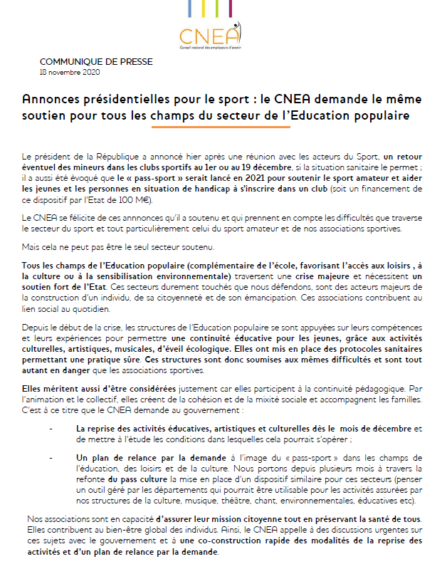 Hexopee_off's tweet photo. CP🗣️Suite aux annonces présidentielles pour le Sport, le CNEA s’en félicite &amp; demande le même soutien pr tt le secteur de l’#Educationpopulaire : reprise des activités éducatives, artistiques et culturelles pour décembre &amp; refonte du #passculture https://t.co/26cnh0BrNR