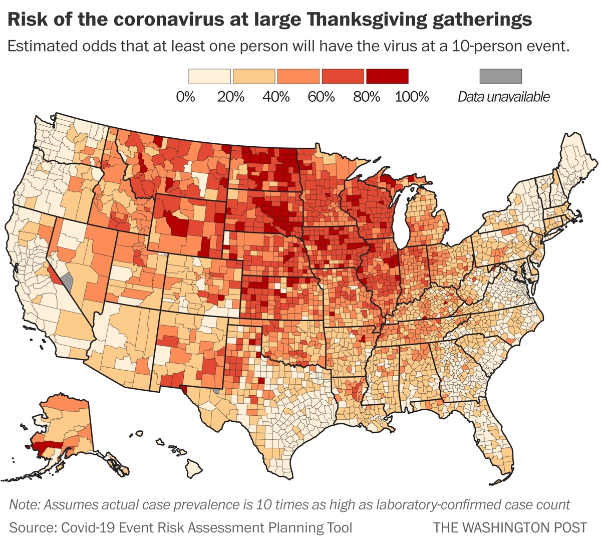 A recent survey found that 40% of Americans plan to attend a Thanksgiving gathering with 10 or more people. Here are the odds of encountering a Covid-positive person at one of those gatherings.  https://www.washingtonpost.com/business/2020/11/18/map-covid-risk-thanksgiving/