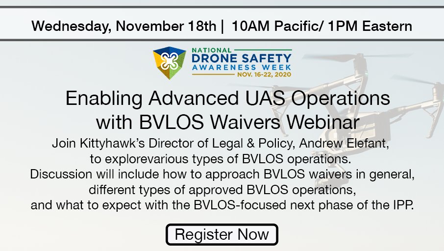 aloftai's tweet photo. *Reminder* 
Join Kittyhawk’s Director of Legal &amp; Policy, @uavpolicy for a webinar @ 10am PT/ 1pm ET today on how to approach #BVLOS waivers, different types of approved BVLOS operations,&amp; what to expect with the next phase of the IPP.
Register: https://t.co/RQKTCuG7Gy. #DroneWeek https://t.co/GY1BLYO95z