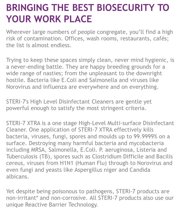SentinelMedical's tweet image. #BIOSECURITY FOR YOUR WORKPLACE 

#Steri7Xtra is a powerful weapon in the constant battle against germs, micro-organisms and pathogens