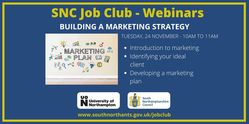 SNorthantsC's tweet photo. Marketing is essential to make your #business known to potential clients.
Our next free #SNCJobClub webinar offers a great introduction to all things #marketing & aims to show you how to develop a tailored marketing strategy.
Book now - https://t.co/PoUydip5gX https://t.co/Q5WENfP7Ed