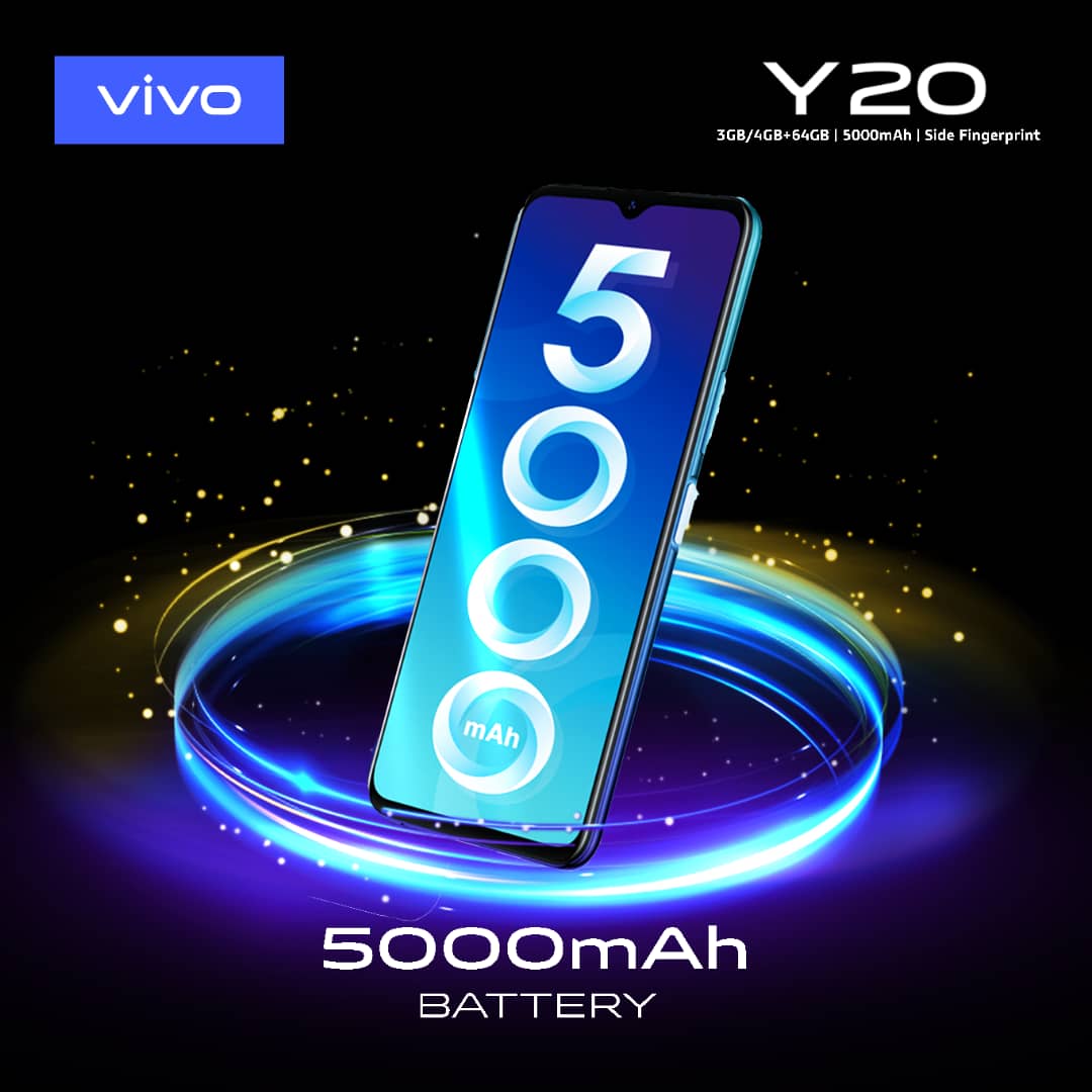vivo__Nigeria's tweet photo. Charge up with battery power that last for days. Get the vivo Y20 today with a massive 5000mAh battery and never experience low battery worries
#vivoNigeria #Y20 #MorePowerMoreFun #5000mAh #BigBattery #SideFingerprintSensor https://t.co/RD8W2ZAOZW