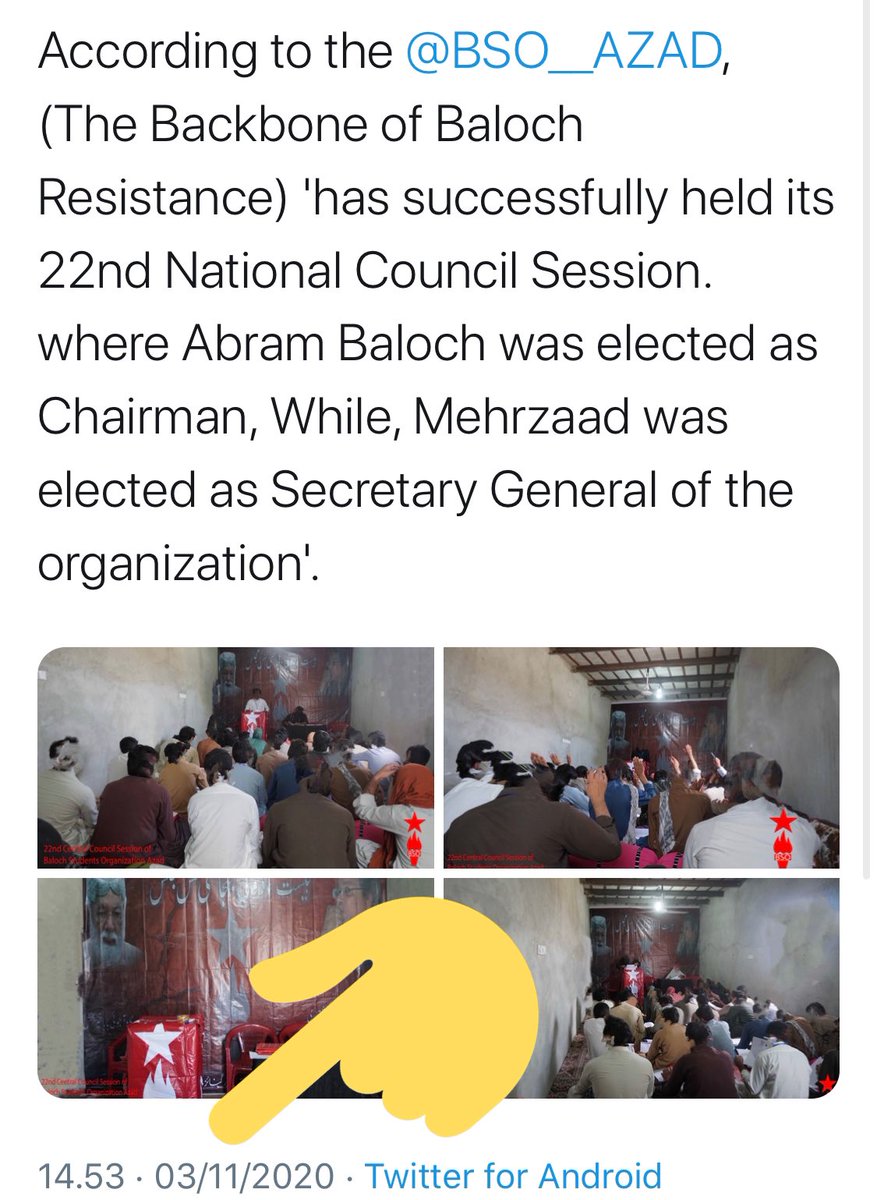 Notice the 4 women sitting at front row of this banned “22nd Council Session of BSO-Azad terror org” meeting in an underground location on 13 November 2020.This is proof that these women stand at the very heart of this terror group that’s designated a banned org by NACTA./2  https://twitter.com/khurramdehwar/status/1277553004565221377