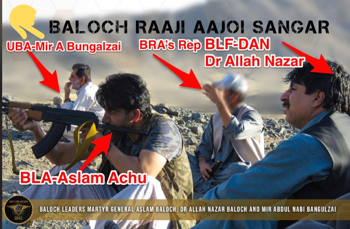 Here is Mir Abdul Nabi Bangalzai terrorist commander of UBA in a propaganda image released by Indian intelligence accounts showing him sitting next to Indian sponsored BRAS headBLF-Dr Allah Nazar DAN & Aslam Achu BLA mastermind of Chinese Consl & Karachi Stock Exch attacks./5  https://twitter.com/khurramdehwar/status/1277551178939760640