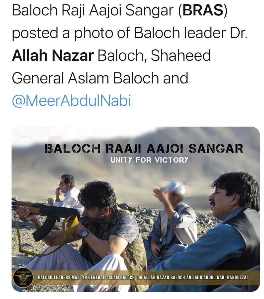 Here is Mir Abdul Nabi Bangalzai terrorist commander of UBA in a propaganda image released by Indian intelligence accounts showing him sitting next to Indian sponsored BRAS headBLF-Dr Allah Nazar DAN & Aslam Achu BLA mastermind of Chinese Consl & Karachi Stock Exch attacks./5  https://twitter.com/khurramdehwar/status/1277551178939760640