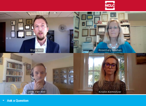 NCLC4consumers's tweet photo. Kristin Kemnitzer (Kemnitzer, Barron, & Krieg), Rosemary Shahan @cars4consumers, Bryce Bell @BellLawKC, and John Van Alst @NCLC4consumers review developments over the last year in auto litigation and policy that will impact consumers and your practice. #VirtualCRLC https://t.co/0xivP3H5VY