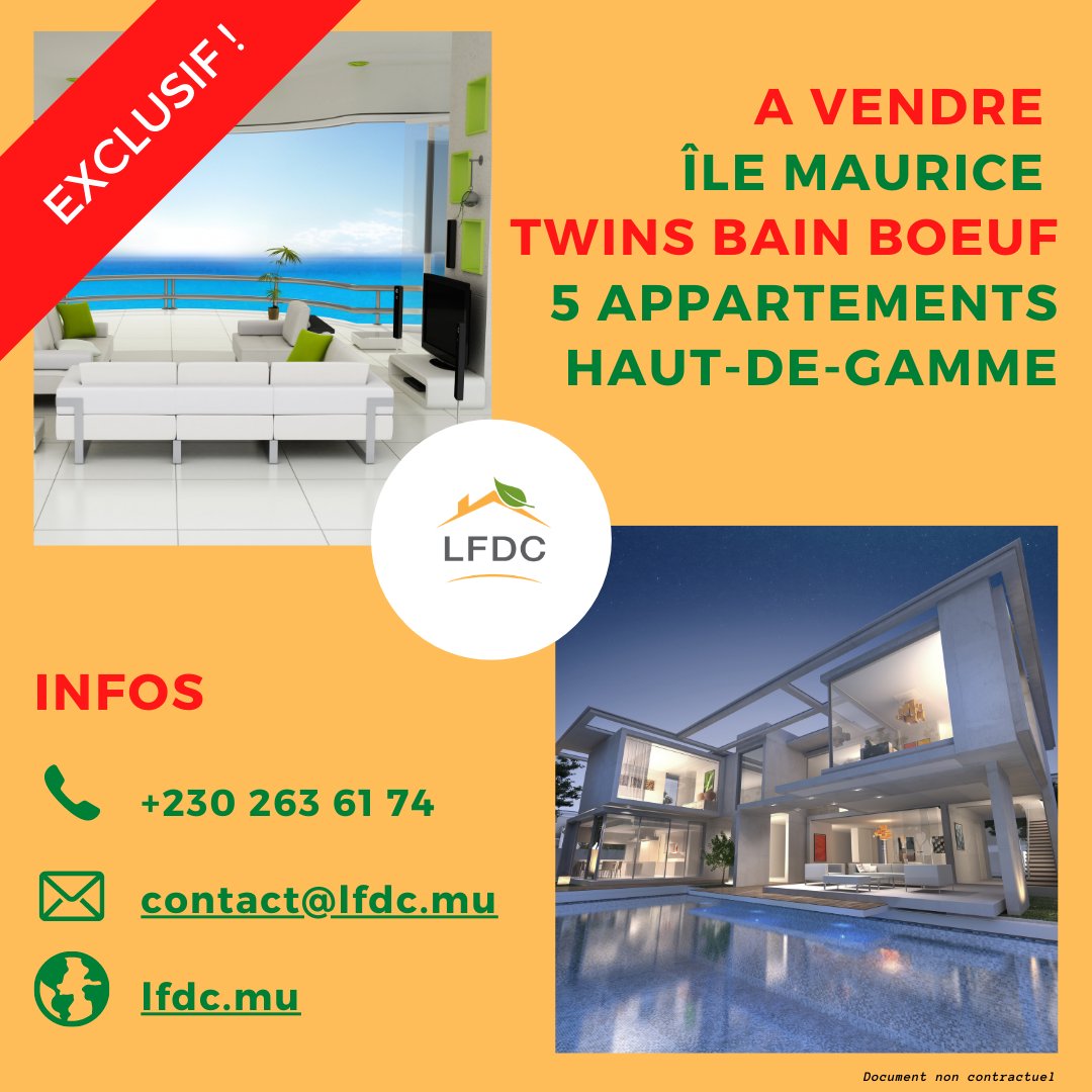 LFDC_Mauritius's tweet photo. #Exclusif ! A vendre 5 appartements haut-de-gamme, à 5 mn des plus belles plages de l'Île Maurice
#Standing #Ecologie #Technologie #Design #Lofts #Paradis 
Contact La Française Des constructions - LFDC : +230 263 61 74 / contact@lfdc.mu / https://t.co/JJVWGfjvZR https://t.co/U6YU5yvKt1
