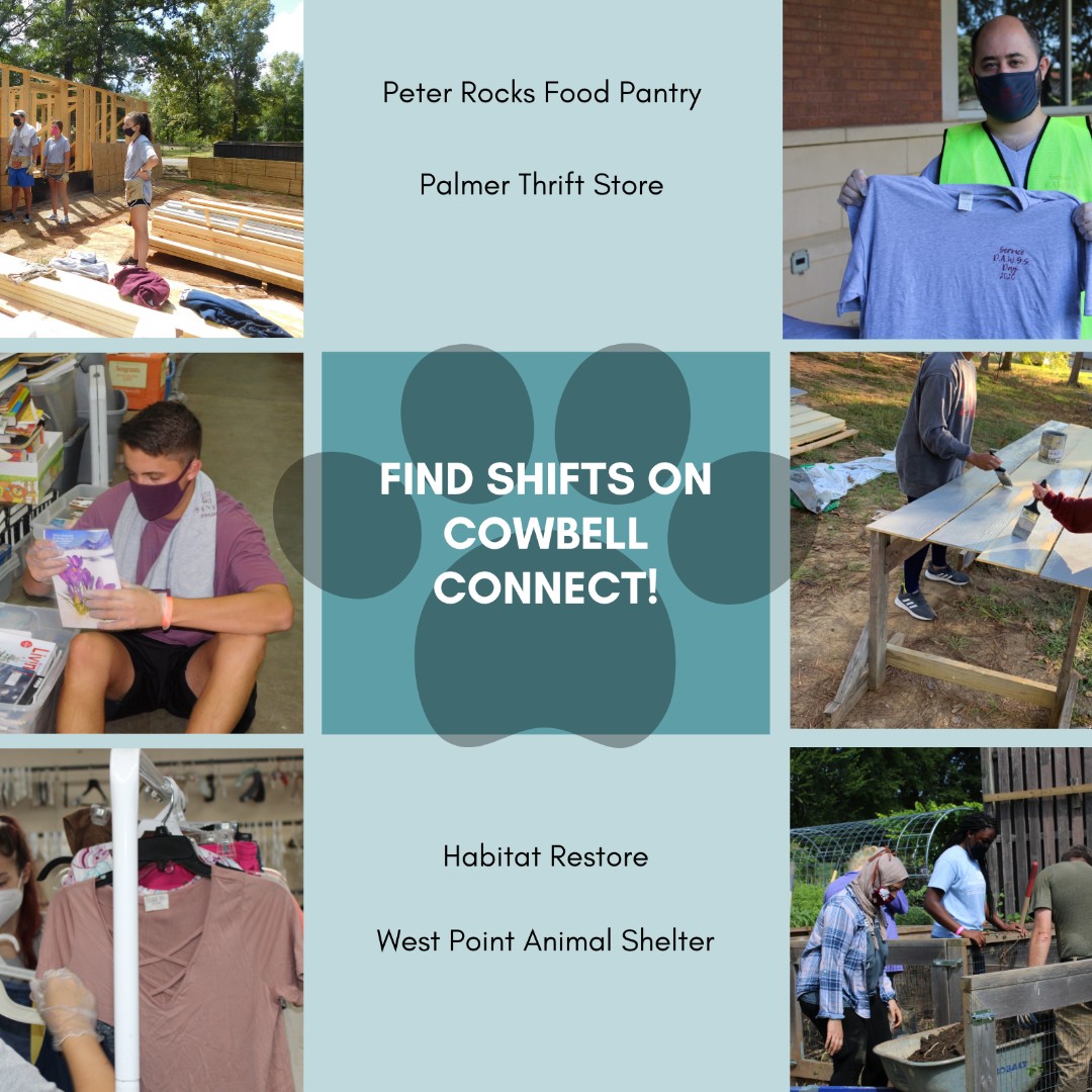 Don't forget to take a break from studying! Find volunteer shifts with some of our local community partners through finals week.  RSVP for shifts on Cowbell Connect! bit.ly/CCSERTAB