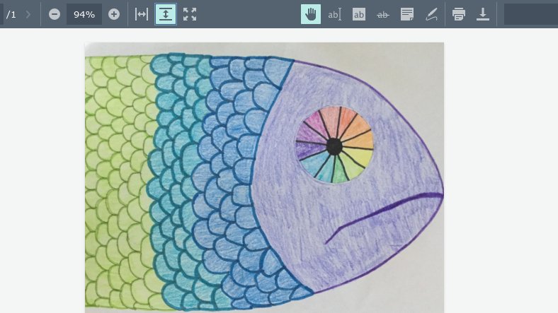 matney_art's tweet photo. I am going through student's assignment submissions on Schoology. This fish might look the like The Pout Pout fish but it has me smiling since this student hit the learning targets: I can create the visual texture of an animal and I can make a color wheel- and turn it into an eye https://t.co/TN0Y1n1dua