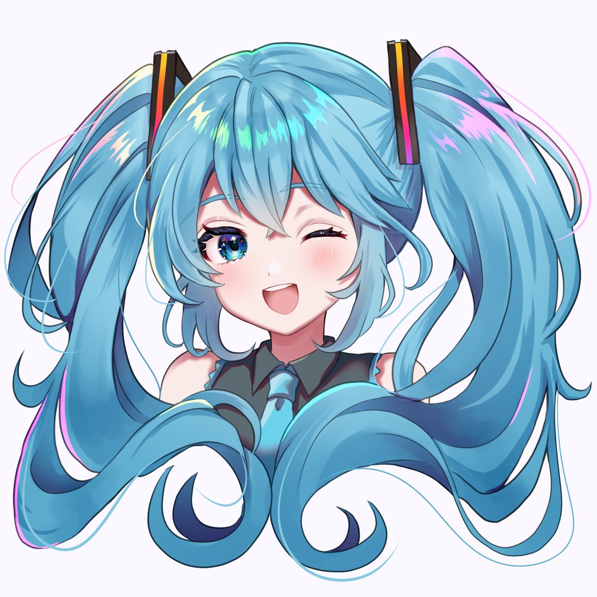 hatsune miku 1girl solo one eye closed twintails long hair smile open mouth  illustration images