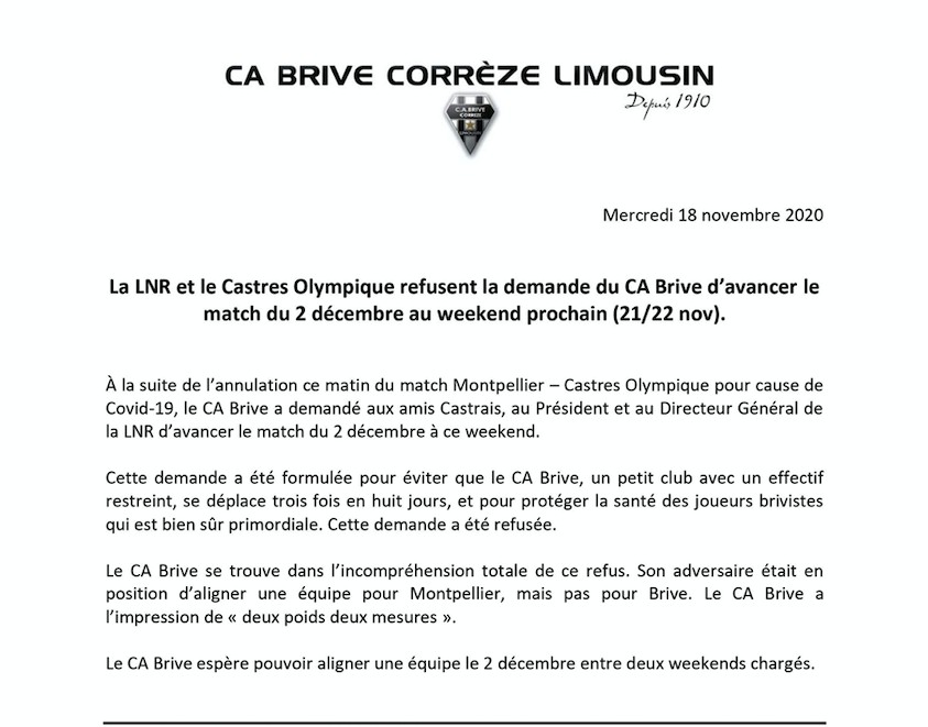 CABCLRUGBY's tweet photo. La @LNRofficiel et le @CastresRugby refusent la demande du CA Brive d’avancer le match du 2 décembre au weekend prochain (21/22 nov).
La réaction du CA Brive 🔽 https://t.co/G889pH0kPI