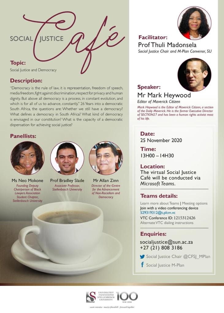 CFSJ_MPlan's tweet photo. Please join us next Wednesday for the last #SocialJusticeCafe of the year. The focus will be on social justice &amp; democracy.

📅 : 25/11/2020
⏱ : 13:00-14:30
📍: https://t.co/1y9cG5HPtt https://t.co/ufKpFptneP