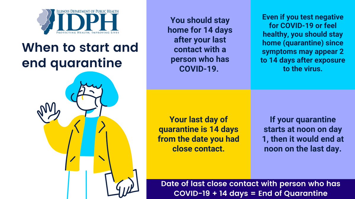 IDPH's tweet photo. REMINDER, you CANNOT test out of quarantine! Here are some helpful tips to better understand when your COVID-19 quarantine begins and ends. https://t.co/8e9qdl6age