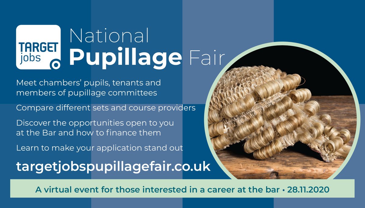 The <a href="/TjobsLaw/">TARGETjobs Law</a> National Pupillage Fair is taking place virtually on 28/11 from 10am. The event includes networking opportunities, useful talks and insights into how you can finance your career at the Bar.  
Find out more and register here: targetjobs.co.uk/pupillage-fair  @careerssurrey
