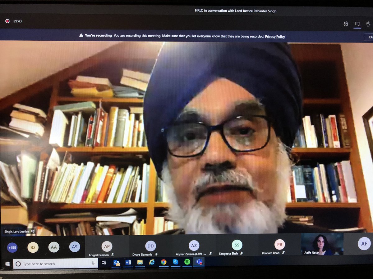 UoNHRLC's tweet photo. Lord Justice Rabinder Singh in conversation with 160+ students, staff and guests at our online event live now @UoN_Law @UniofNottingham https://t.co/tbpZzmuidO