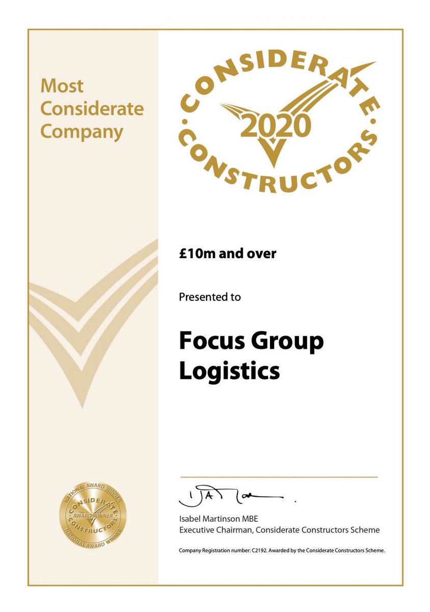 focus_logistics's tweet photo. And the 2020 Most Considerate Constructor's Award goes to....Focus Logistics!! 

For a company who's core purpose is to make a difference for our planet, communities and workforce while building strong and lasting relationships with our customers..today is a VERY good day 😊♻️🕺 https://t.co/biosmrWGjf
