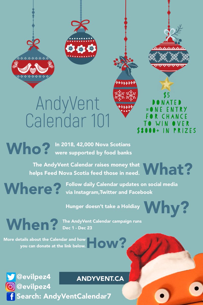 evilpez4's tweet photo. Prize Donation Drive Has Begun! 🎅🏻
If you know of / own a local business interested in contributing a prize to the AndyVent Calendar, please let me know by sliding into my DM’s or email TheAndyVentCalendar(at)gmail(dot)com.
Here’s to another FUNdraising December!
Thank-you
 ~Andy https://t.co/kDHh3X9fG3