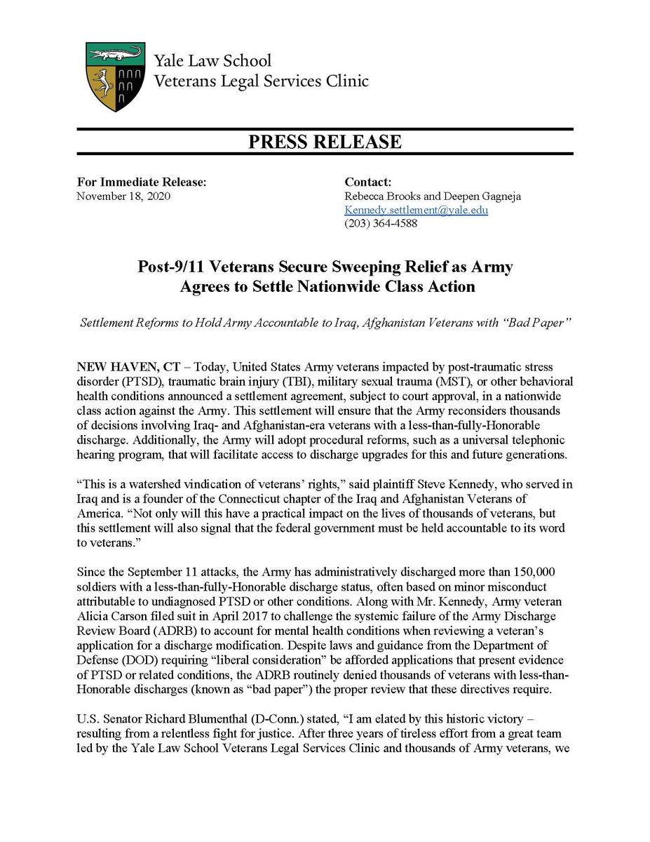YaleVetsClinic's tweet photo. On behalf of tens of thousands of Army #veterans, we’ve settled nationwide class-action Kennedy v. McCarthy with @USArmy. The settlement, once approved, will help hold @USArmy accountable for remedying the systemic failure of the ADRB to help veterans with #BadPaper discharges. https://t.co/v0QOa8u0yw