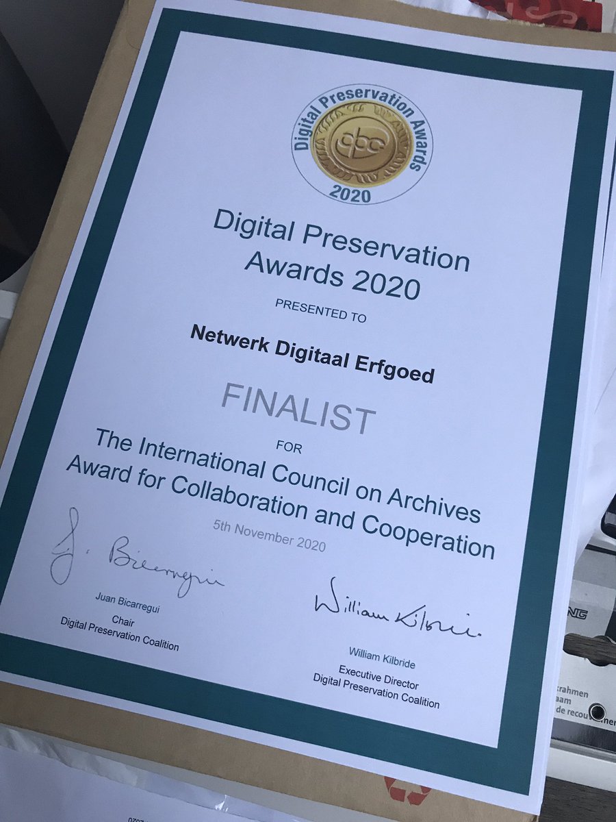 jrvdhoeven's tweet photo. Thanks DPC! @dpc_chat for this finalist certificate 🤩 of the DPC awards at #wdpd2020 as recognition for the great work done by @DigitaalErfgoed 🎉 👏 Power to the network! ⚡️ https://t.co/jBEo4UX9ka