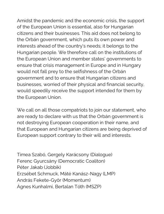 Not in our name. 🇭🇺

Today, leaders of Hungary’s largest opposition parties issued a joint declaration: Viktor Orbán’s destructive budget veto is against our will and interest, he is not hurting European and Hungarian citizens on our behalf.

The declaration in EN👇