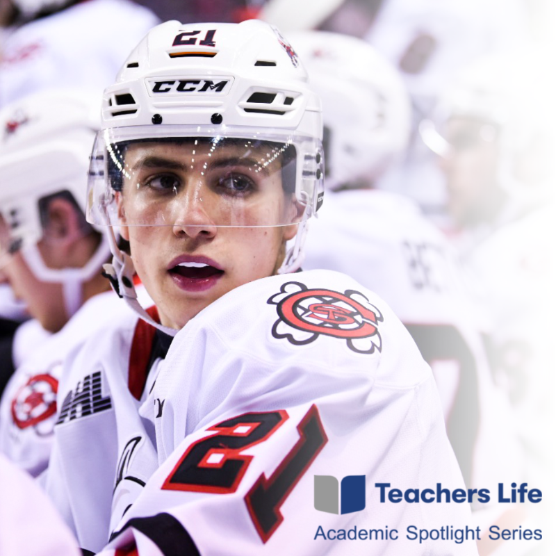 OHLIceDogs's tweet photo. In this week's Academic Spotlight Series, presented by @TeachersLifeCAN, @ethan_simss brings his experience as a hockey player to the classroom. 

He's taking Kinesiology at @BrockUniversity to learn the meaning behind his movements.

READ MORE ⤵️