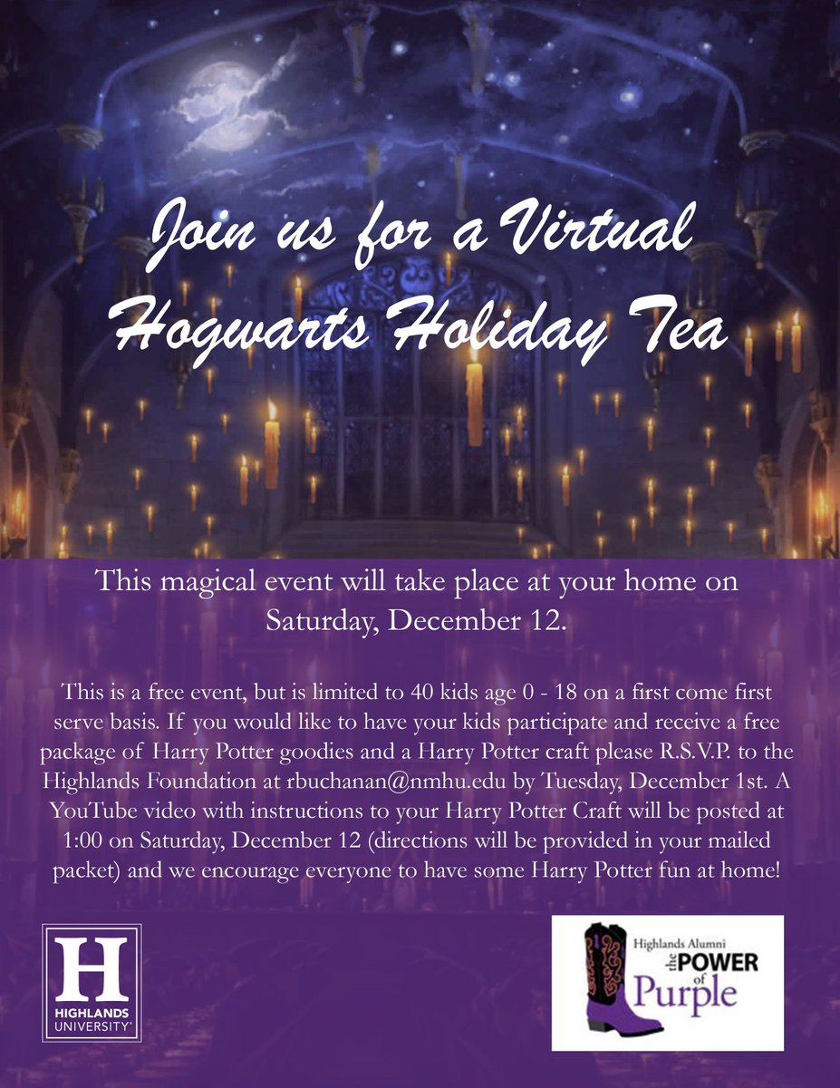 NMHUAlumni's tweet photo. Join us for a Virtual Hogwarts Holiday Tea on Saturday December 12!  Limited to 40 kids, RSVP to rbuchanan@nmhu.edu by Tuesday December 1!

#nmhu #nmhualumni https://t.co/k3z3u3prog