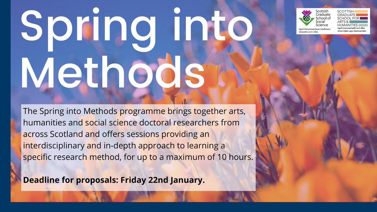 #SpringintoMethods turns 4! 🎉SGSSS and @sgsah are now welcoming high quality proposals to deliver cutting edge methods training across 10 hours next spring. The deadline to submit a proposal is January 22nd. Full details and guidance available here 👉social.sgsss.ac.uk/spring-into-me… #PhD