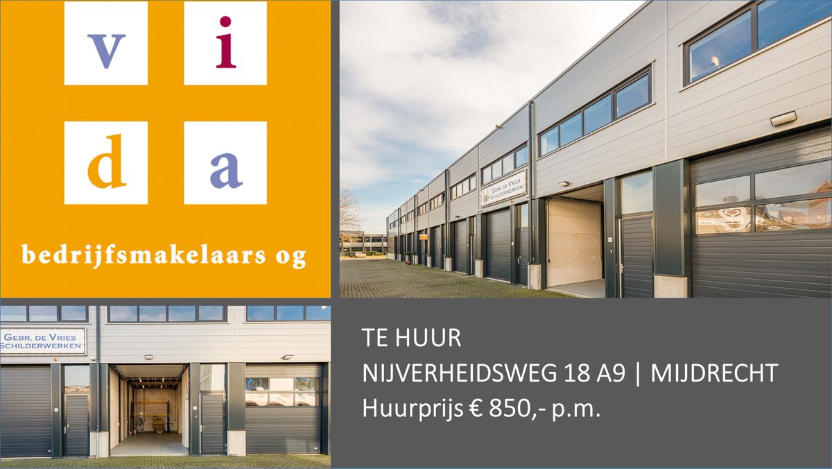TE HUUR: NIJVERHEIDSWEG 18 A9 MIJDRECHT

Functionele bedrijfsunit met kantoorruimte!
Huurprijs: € 850,00 p.m.

Huurtermijn: 1 jaar.
Andere huurtermijnen bespreekbaar.
Aanvaarding in overleg.

Bel voor meer informatie: 0297 - 212 987

#tehuur #bedrijfsunit #kantoor #mijdrecht