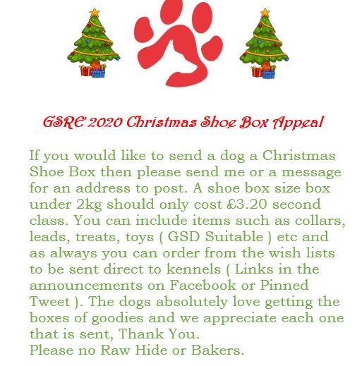 gsrescueelite's tweet photo. 🎄GSRE 2020 Christmas Shoe Box Appeal 🎄
Our #Christmas Shoe Box Appeal is something we do every year, the #dogs ( and the volunteers ) love it ! 
All information on the image and thanks so much for your continued support of the rescue #TeamGSRE ♥️
#wednesdaythought https://t.co/YAszX7xX4T