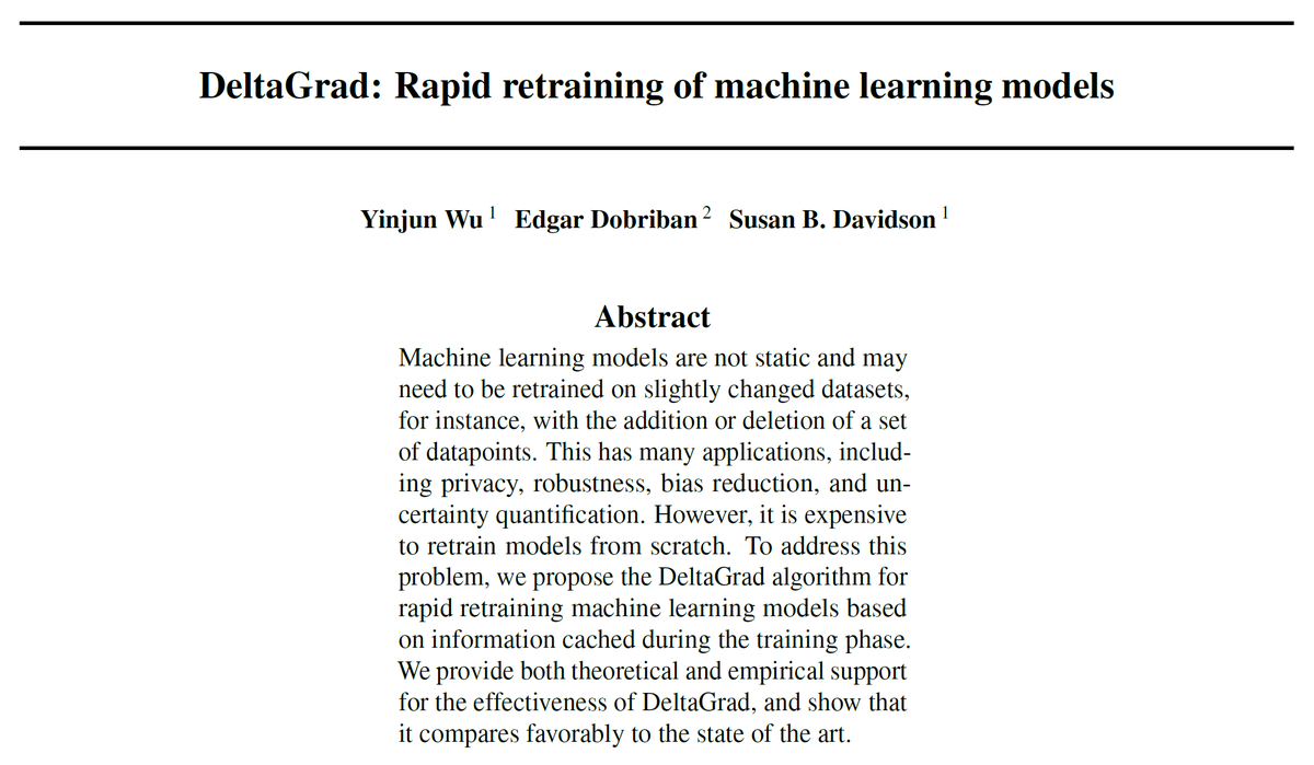 EdgarDobriban's tweet photo. Better late than never! Time to discuss our #icml 2020 paper DeltaGrad for rapid retraining of #ml methods (w/ @wu_yinjun &amp; Susan Davidson). Do you ever need to train the same model after adding/deleting a few datapoints? See https://t.co/LWGSYD0kex &amp; read on 1/ https://t.co/EunaIjxoDJ