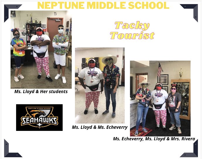 Our team really got into character yesterday for “Tacky Tourist” day. Here are some more awesome tacky tourist photos from Ms.Lloyd, Ms.Echeverry and Mrs. Rivera. #awesceola #SDOCGoodtoGreat #NeptuneMiddleSchool #NeptuneSeahawks