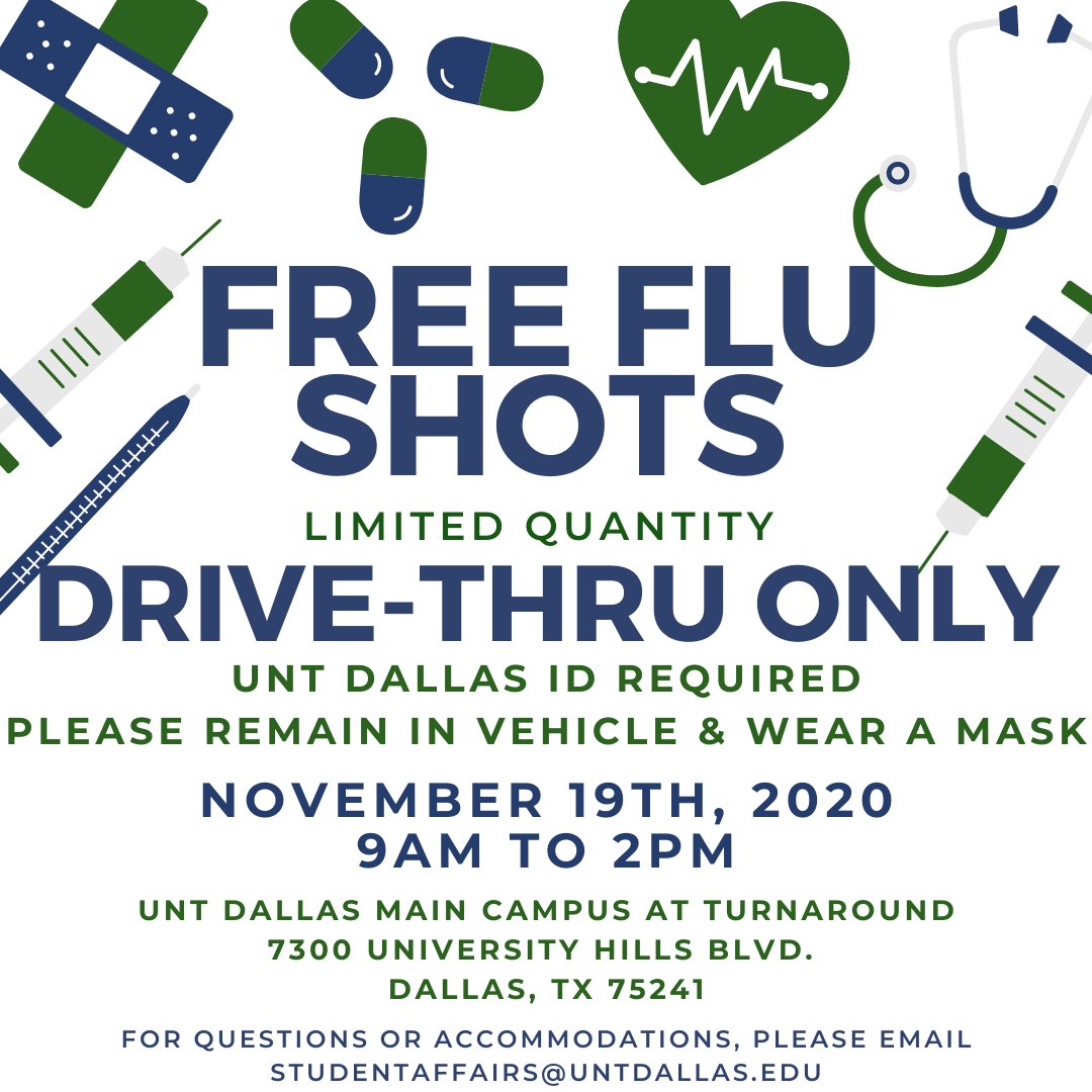 Take part in the Drive-Thru Flu Shot Clinic this Thursday, Nov. 19, 9 a.m. -2 p.m., at the UNT Dallas main campus. This free event is available to UNTD students and employees only. Please have your UNTD ID with you when you arrive.  #UNTDallas #Resources