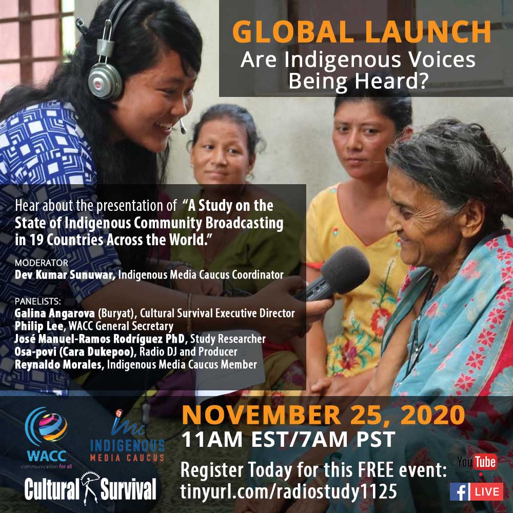 CSORG's tweet image. In many countries, Indigenous media makers face significant obstacles to #freedomofexpression. Hear about the state of #Indigenousmedia in 19 countries across the globe. Join us next week. Register tinyurl.com/radiostudy1125 @wacc @IndigenousMediaCaucus #Indigenousradio