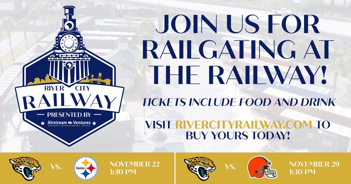 AirstreamV's tweet photo. A few Rail Cars in River City Railway left to see @Jaguars play undefeated @steelers. Email chipper@airstreamventures.com to book yours today. All inclusive price!! #FollowTheStream #railgating https://t.co/ic3GkmKotl