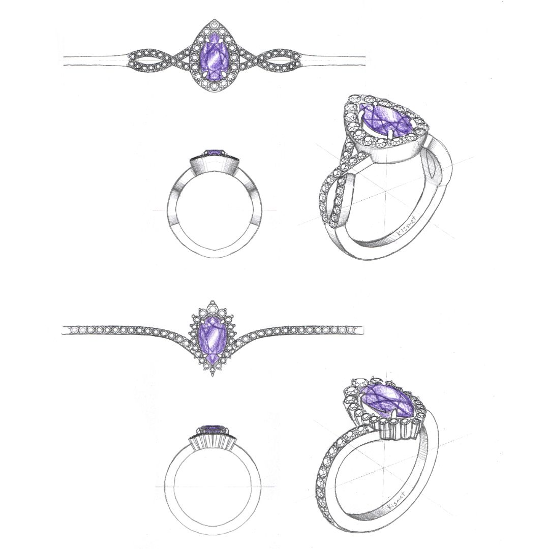 Are you familiar with Rose de France Amethyst? It's an industry term for a distinctive shade of amethyst that's much closer to pink or lavender. This one looks gorgeous in its sparkly, glamorous, platinum halo setting.