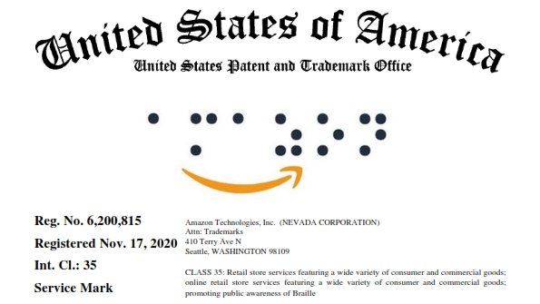 fascinating #trademark reg'd this week by <a href="/amazon/">Amazon</a>  

The mark consists of a representation of the word AMAZON in Braille, said representation in black, below which appears a curved orange arrow or smile.

tsdr.uspto.gov/#caseNumber=87…
