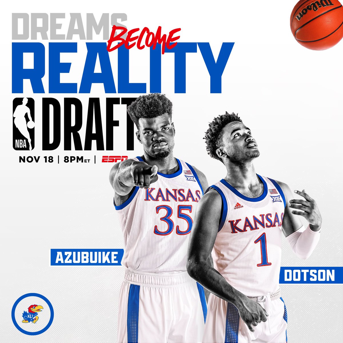 𝖣𝗋𝖾𝖺𝗆𝗌 ➝ 𝗥𝗲𝗮𝗹𝗶𝘁𝘆 // #NBAJayhawks
Tonight’s the night 🙌
Tune into the #NBADraft on ESPN at 8 pm ET! https://t.co/pBHavmZUew