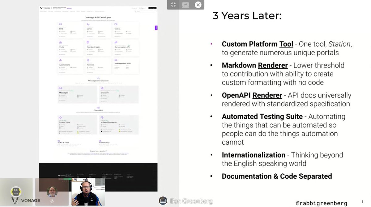 APItheDocs's tweet image. At #APItheDocsVirtual @RabbiGreenberg talks about the journey of building their API documentation platform at @VonageDev
#APItheDocs #APIdocs #WriteTheDocs