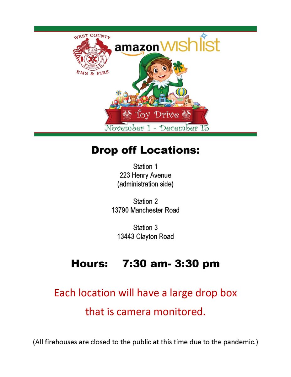 As the COVID-19 cases continue to rise, we are heartbroken to announce that Santa will be unable to visit our district this year. While we will miss seeing all of you we look forward to a bigger &amp; safer next year! We are still continuing our annual toy drive. Information⬇️: