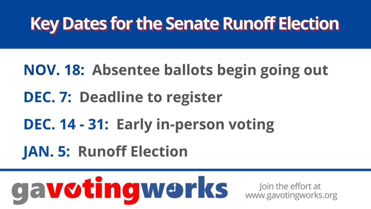 GaVotingWorks's tweet photo. January 5th runoff election is to elect 2 US Senators from GA and the Public Service Commissioner.  

Any registered Georgia voter can cast their ballot by mail. Voters can request an absentee ballot through an online portal ( https://t.co/O0BO8dan26 ).

#GARunoff #VoteAbsentee https://t.co/BAUxlcBW3m