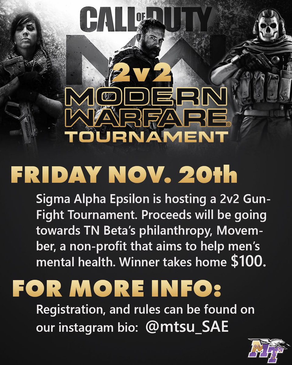 Friday at 8pm, we will be hosting a 2v2 cod tournament in hopes to raise money for Movember! We will also be live streaming!! Join our event for a chance to win $100! <a href="/Movember/">Movember USA</a>