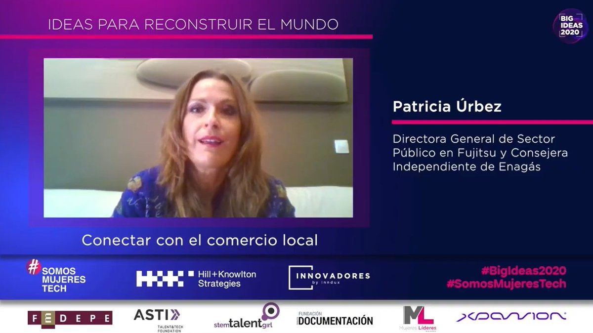 .@PatriciaUrbez, Dir.ª General de Sector Público en @Fujitsu_ES y Consejera Independiente de @enagas, presenta su #BigIdeas2020 relacionada con una aplicación para conectar con el comercio local.
#SomosMujeresTech https://t.co/iyXbnKcju0
