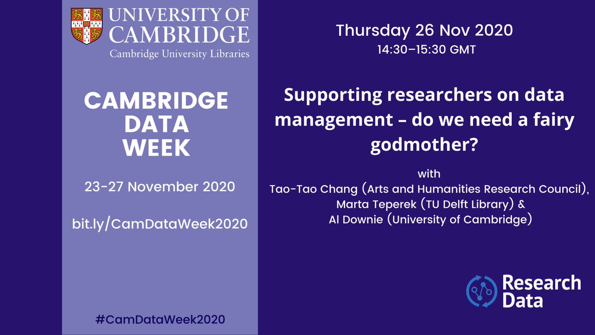 CamOpenData's tweet photo. Can we wave a magic wand? Today’s topic “Supporting researchers on data management. Do we need a fairy godmother?” features Tao-Tao Chang @ahrcpress, @martateperek @tudelftlibrary & @aldownie from @Cambridge_Uni: https://t.co/oPGNsLMUgu #CamDataWeek2020 #RDM #datachampcam @theUL https://t.co/zGob6UXOIt