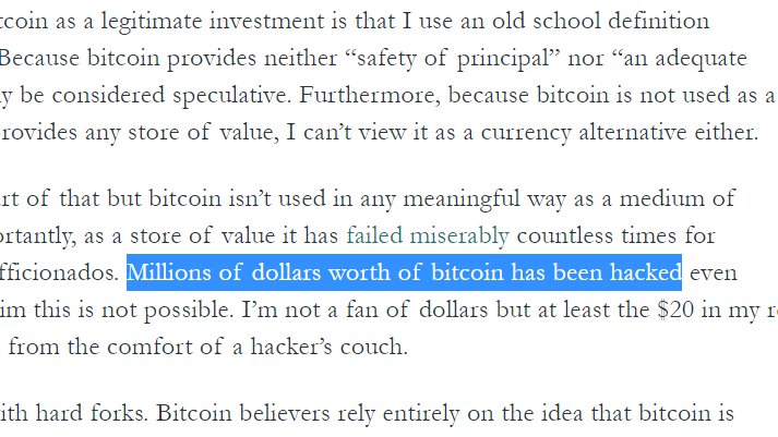 I'm a fan of Jesse's work and will continue to be, but this was hard to read. Some thoughts I hope Jesse considers.a. No, bitcoin has never been hacked. Mismanaged private keys, phishing scams and leaving bitcoin with a custodian are completely avoidable.