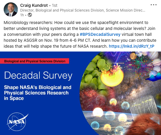 NASAGeneLab's tweet image. #NASAGeneLab: Calling all #Microbiology Researchers!
Join #BPSDecadalSurvey virtual town hall hosted by #ASGSR on Nov. 19 from 4-6 PM CT and contribute your ideas: lnkd.in/dRzY_tp
